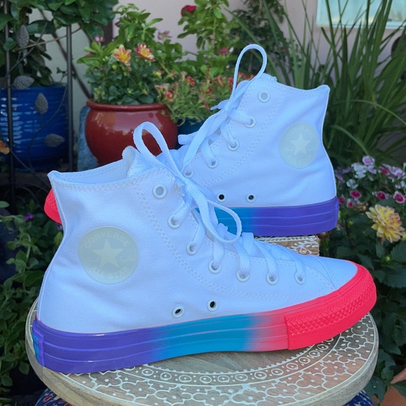 New White & Two-Tone Neon Pink & Turquoise Converse Hi Top Sneakers - Picture 8 of 13